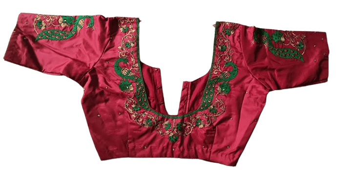  Red and green embroidered boat neck blouse