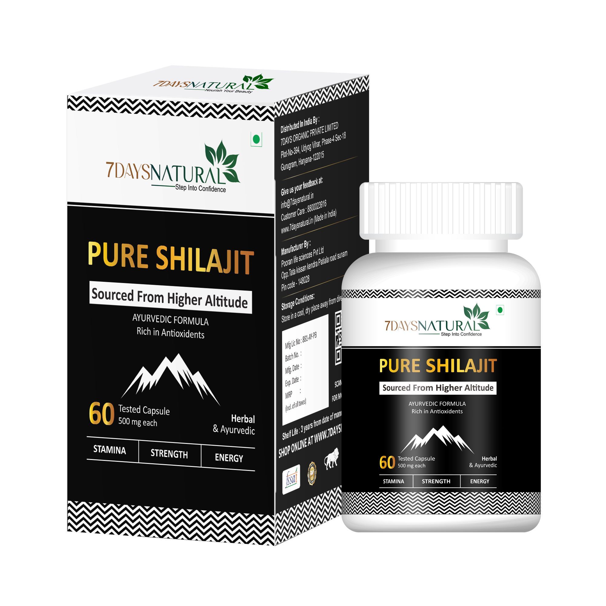 7Days Natural Premium Himalayan Shilajit / Shilajeet 60 Capsules | Boost Energy & Brain Power