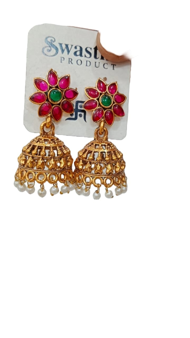 Swastik 1 Gram Gold Plated Kundan and Pearl Drop Earrings