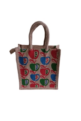 "Jute Lunch Bag with Colorful Apple Print".