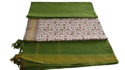 Handloom Green and White Cotton Dress materials- Top Length: 2.5 Meters, Bottom Length 2 meters , 2 Meters Dupatta