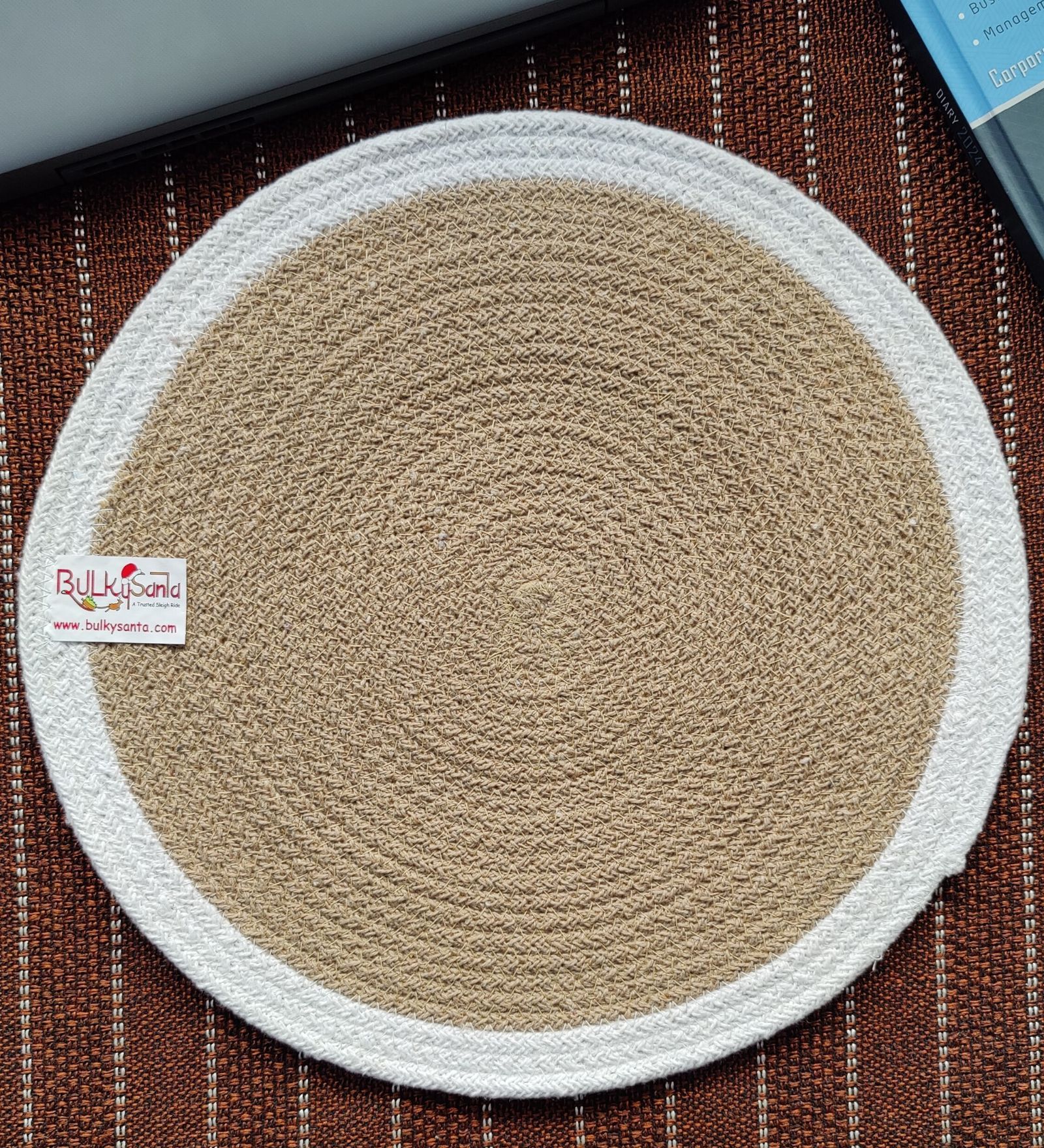 BulkySanta Cotton Place mats 38 cm (15") Round Table Mats, Heat Resistant, Reversible Use, Washable (White-Brown) (Pack of 4)