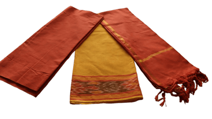 Handloom Mustard yellow and red cotton dress material-Top Length: 2.5 Meters, Bottom Length 2 meters , 2 Meters Dupatta