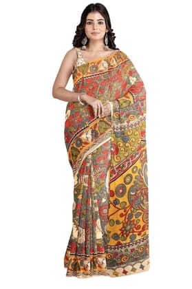 Cottage Handmade Womens Kalamkari Silk Saree with Unstitched Blouse - Multicolor