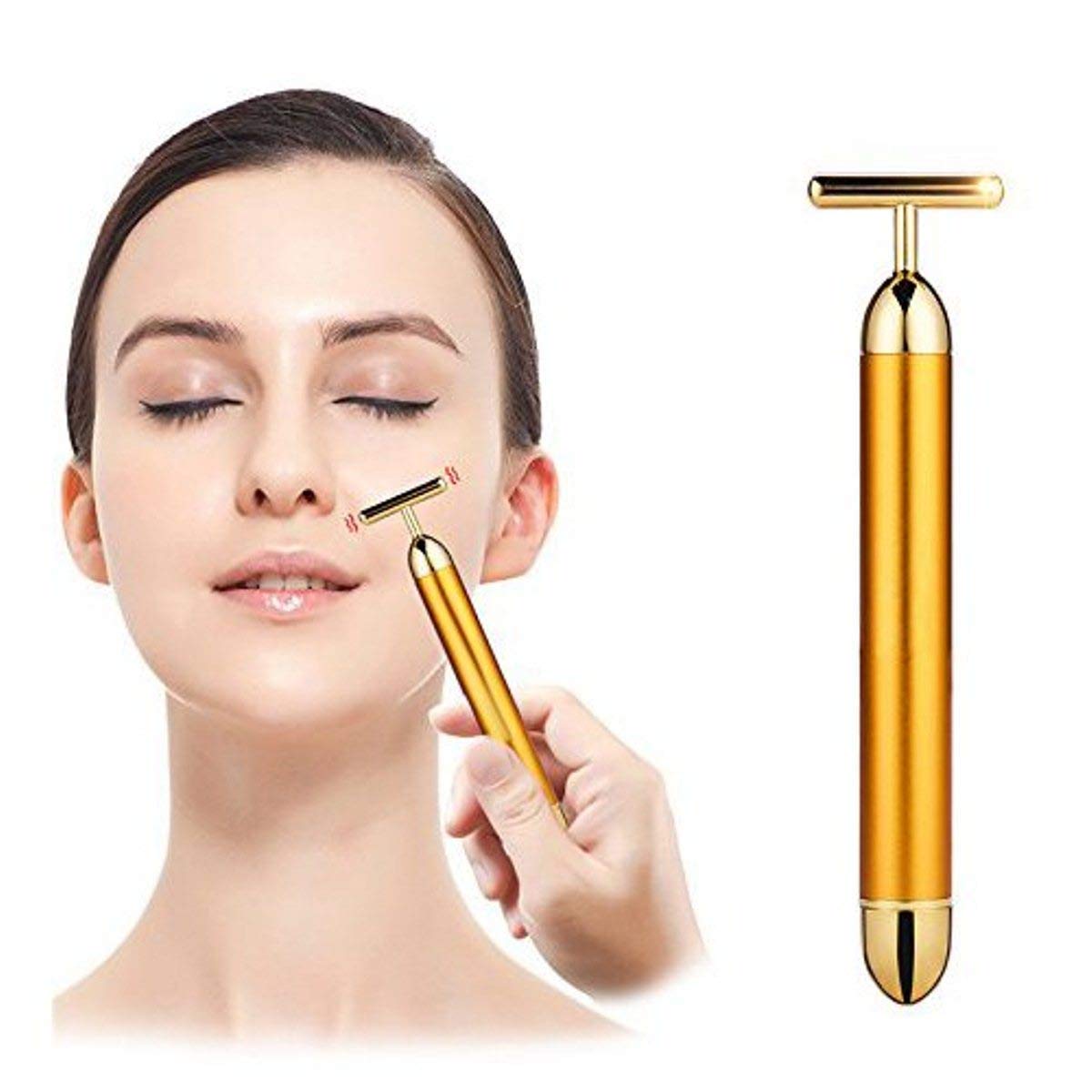 SHANAYA (Pack Of 1 Piece) 24K Gold Energy Beauty Bar Electric Vibration Facial Massage Roller Waterproof Face Skin Care T-Shaped Anti Wrinkle Massager for Forehead Cheek Neck Clavicle Arm