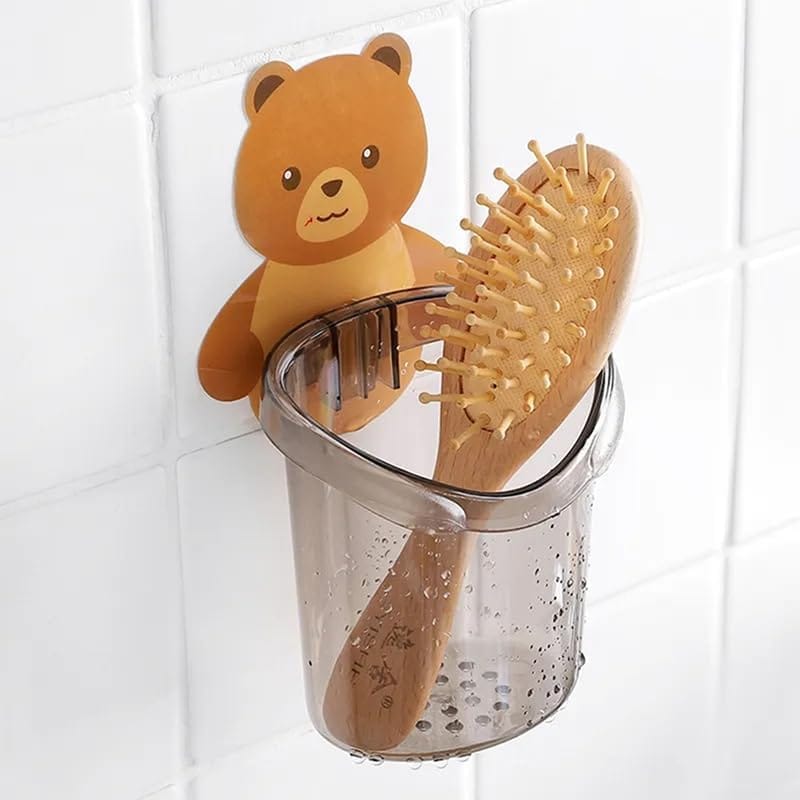 SHANAYA Toothbrush Holder (Set of 3Pcs) Plastic Stand for Toothpaste, Comb, Brush, Cream, Lotion Kids Bathroom Cup Drain Waterproof Self-Adhesive, Teddy Bear