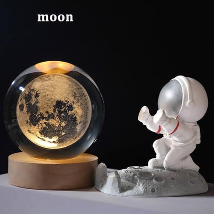 SHANAYA 3D Moon Crystal Ball Night Lamp – USB Colorful LED Table Decor with Wooden Base for Home, Office, Bedroom & Ideal Birthday Gift for Teens and Kids (Moon)