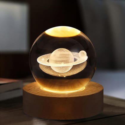 SHANAYA 3D Moon Crystal Ball Night Lamp – USB Colorful LED Table Decor with Wooden Base for Home, Office, Bedroom & Ideal Birthday Gift for Teens and Kids (Saturn)