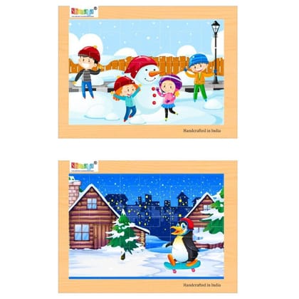 SHANAYA 2 in 1 Early Age Wooden Tetris Jigsaw Puzzles for Kids (Made in India) BIS Approved (Children with Snowman + Penguin in Snow)