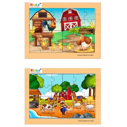 SHANAYA 2-in-1 Wooden Jigsaw Puzzles for Kids - Educational Montessori Toy, Tetris and Geometric Shapes, Interactive Learning Games (Farmer with Poultry Animals + Hen Farm)