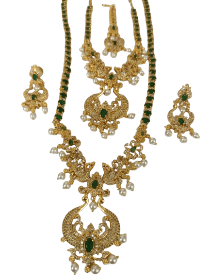 "Stunning Gold-Plated Peacock Haram Necklace Set with Green Stones and Pearls"