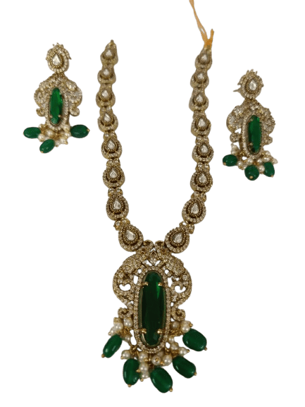 Stunning Gold-Plated Kundan Necklace Set with Green Stones and Pearls