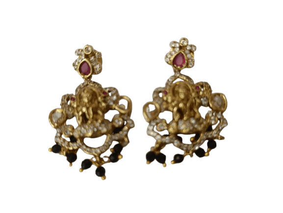 "Stunning antique gold plated Goddess Lakshmi earrings with intricate detailing and black beads."