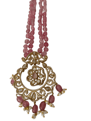 Pink Beaded Necklace with Gold and Diamond Pendant