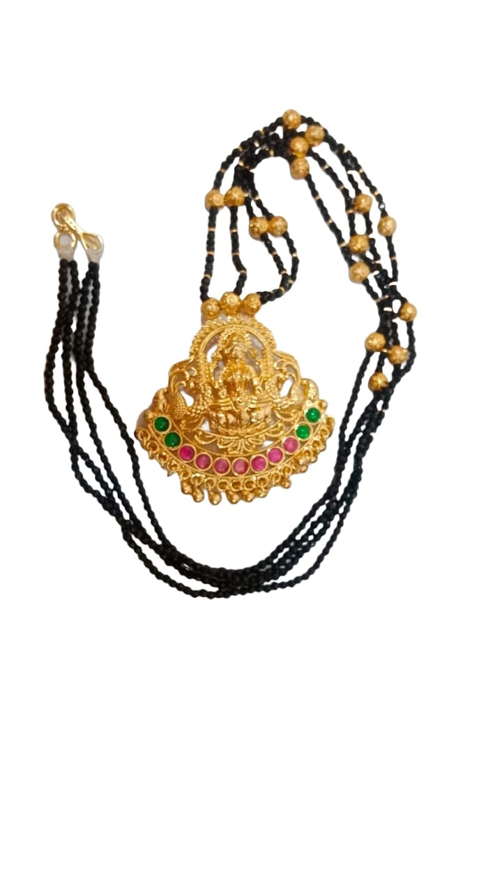 Traditional 1Gram Gold Plated Temple Pendant With Black Beads Long Necklace Set For Women