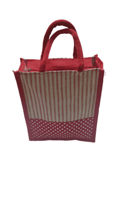 Red and White Striped Jute Bag with Polka Dotted Bottom