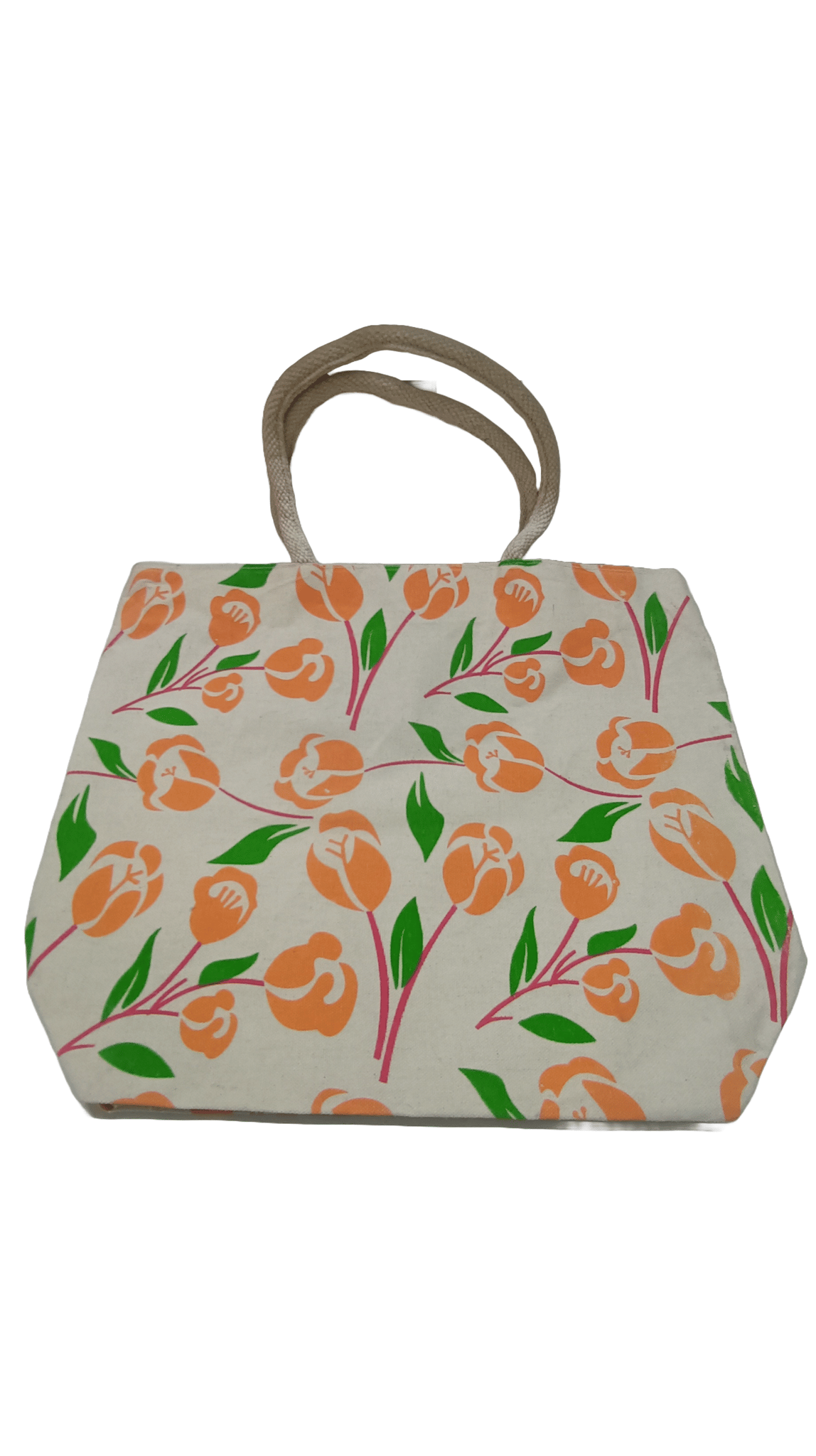 Floral Print Canvas Tote Bag with Zipper Closure and Rope Handles