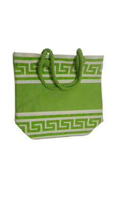 Green and White Striped Jute Tote Bag with Greek Key Design