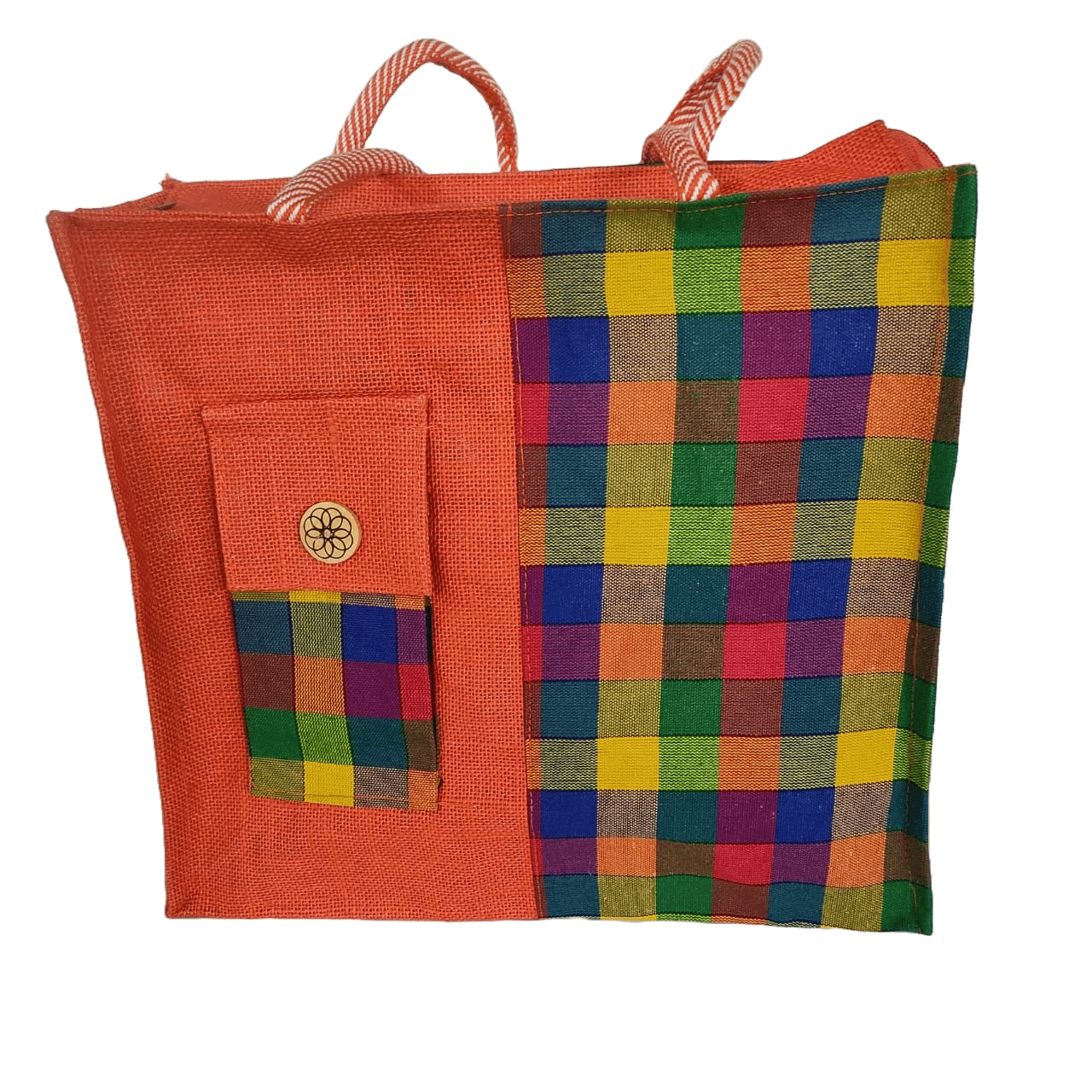 Jute Tote Bag with Colorful Checkered Patchwork