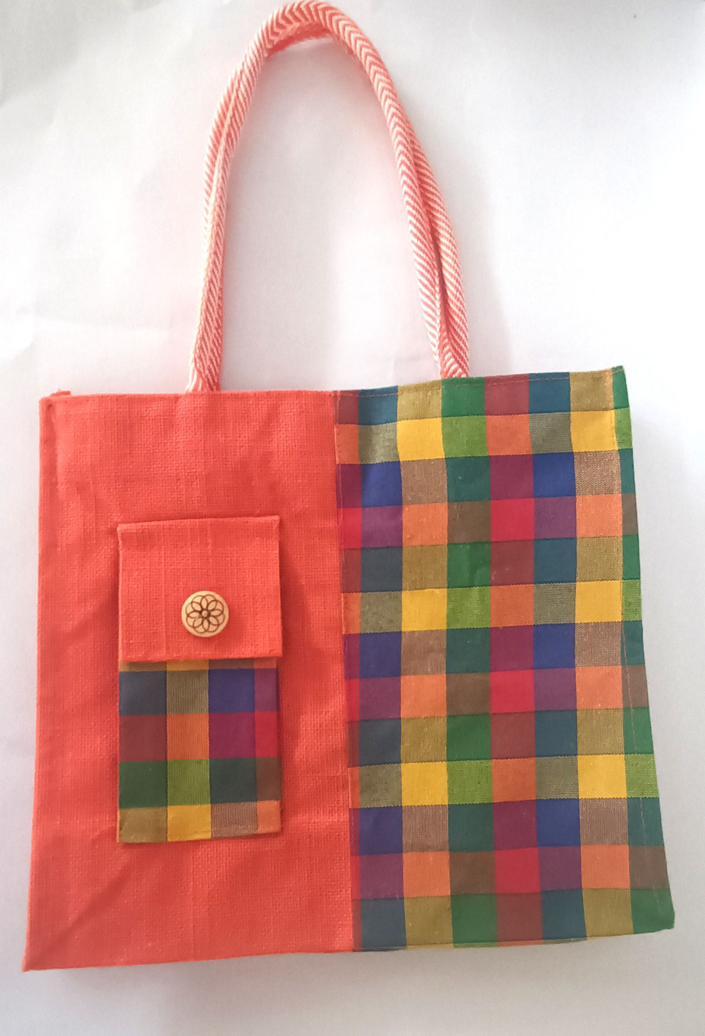 Half and Half Jute Tote Bag with Button Closure