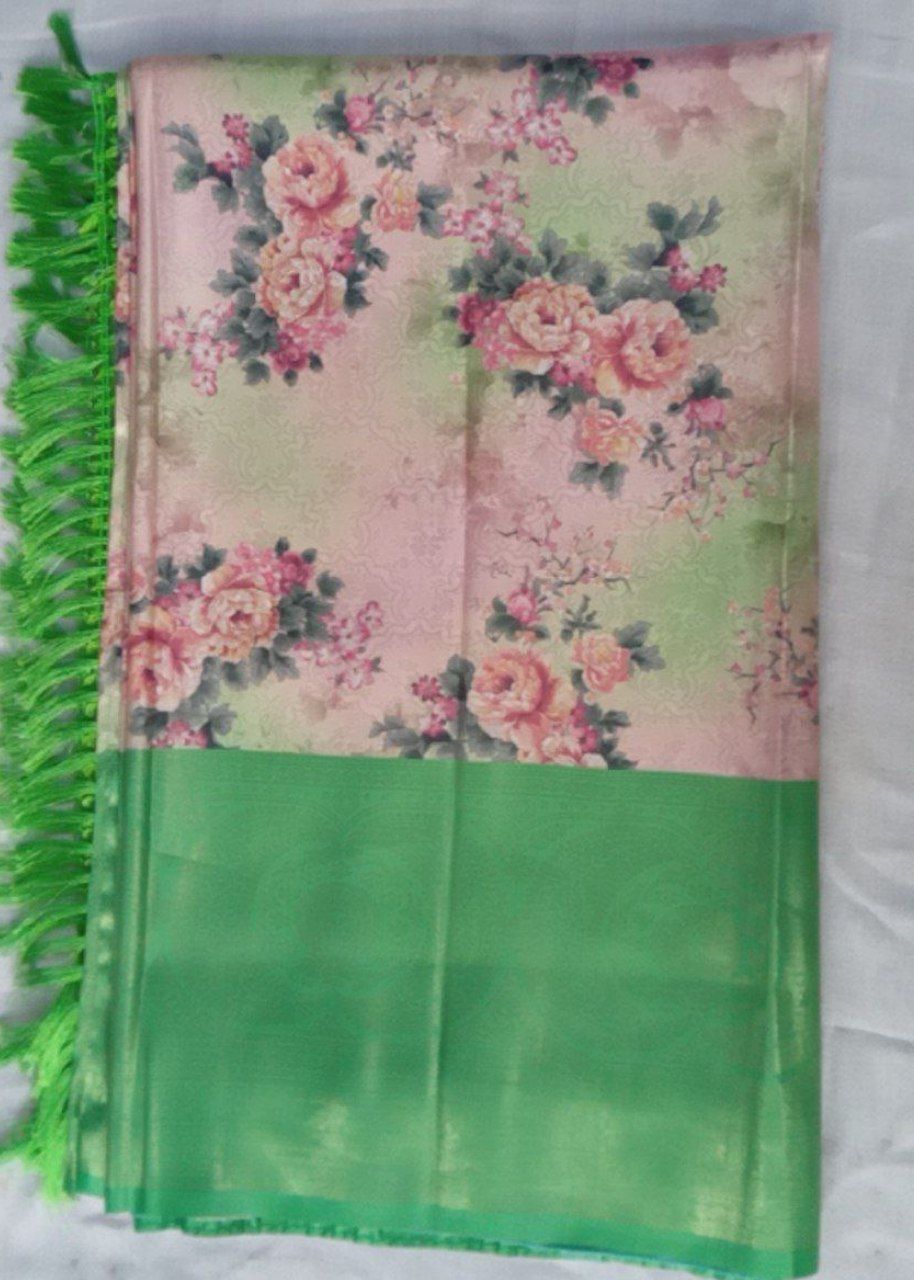  Green and Pink Floral Saree with Tassels