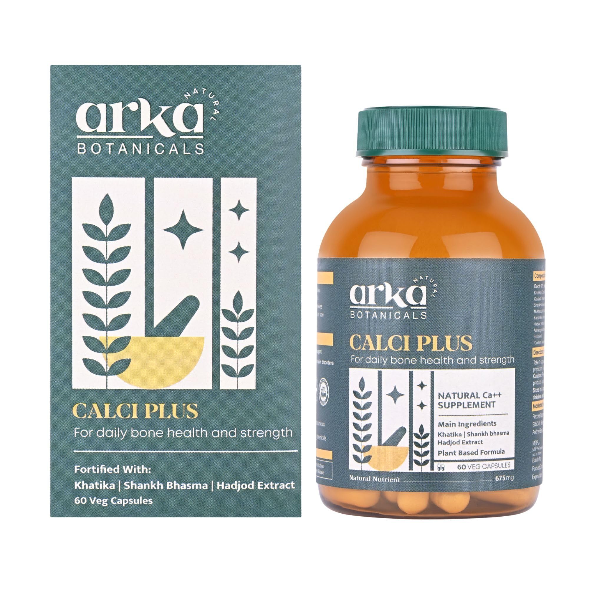 Arka Botanicals Calci Plus 60 Veg Capsules | Daily Bone Health & Strength Support | Plant-Based Calcium with Khatika, Shankh Bhasma & Hadjod Extract | Natural Supplement for Bone Density & Joint Care