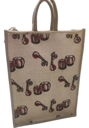  Jute Bag with Traditional Indian Musical Instruments Design