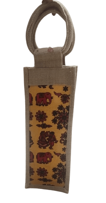  **Handmade Jute Wine Bottle Bag with Elephant Print**