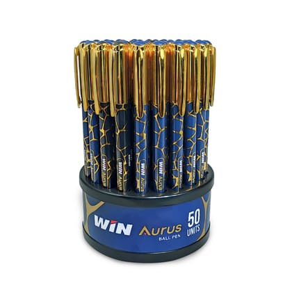 WIN Aurus Ball Pens | 50 Pens (40 Blue Ink & 10 Black Ink) | Gold Design Body | 0.7 mm Tip | Golden Finish Cap | Elastro Grip | Smooth Writing | Pens for Students | Corporate Gifting | Premium