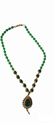  Gold Plated Traditional Indian Necklace Set with Green Beads and Stones