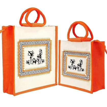 Orange Cotton Canvas Printed Zipper Tiffin/Lunch Bag