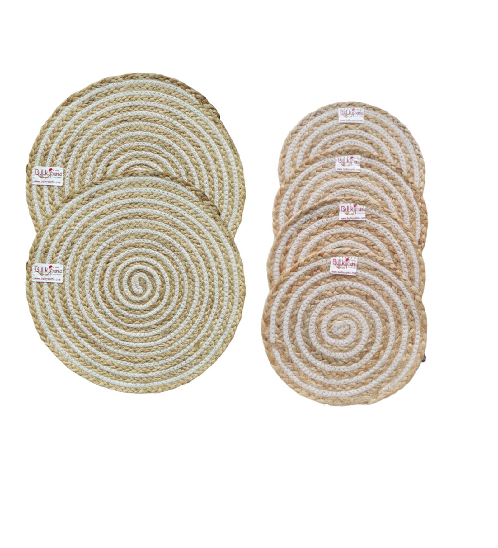 BulkySanta Cotton Place mats 38 cm (15") and 22 cm (9") Round Table Mats, Heat Resistant, Reversible Use, Washable (Pack of 6) (Cotton-Jute)