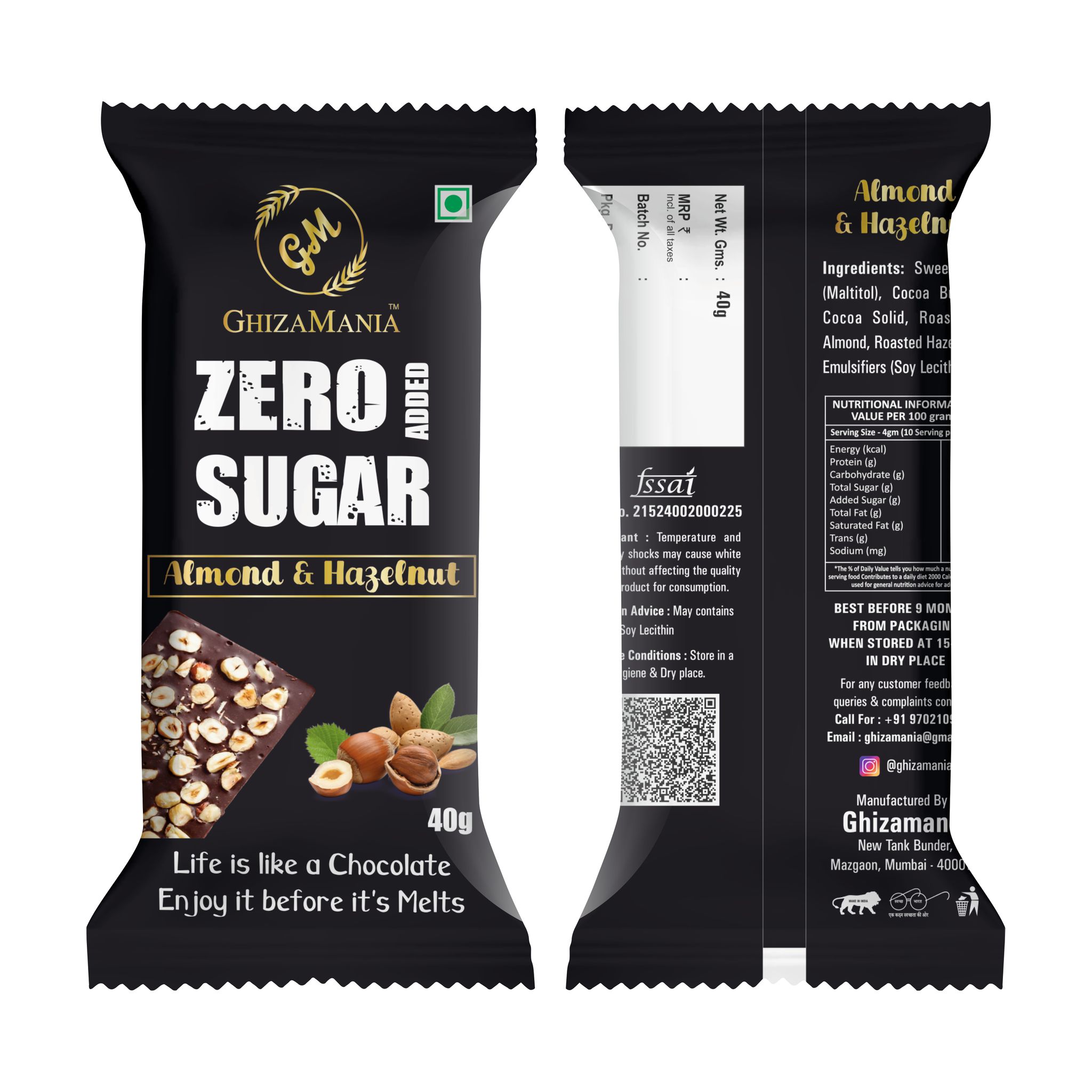 GHIZAMANIA ALMOND & HAZELNUT ZERO ADDED SUGAR | 40g | PACK OF 1 | 54% DARK CHOCOLATE BAR | SUGAR FREE CHOCOLATE BAR | VEGAN & GLUTEN FREE CHOCOLATE BAR.