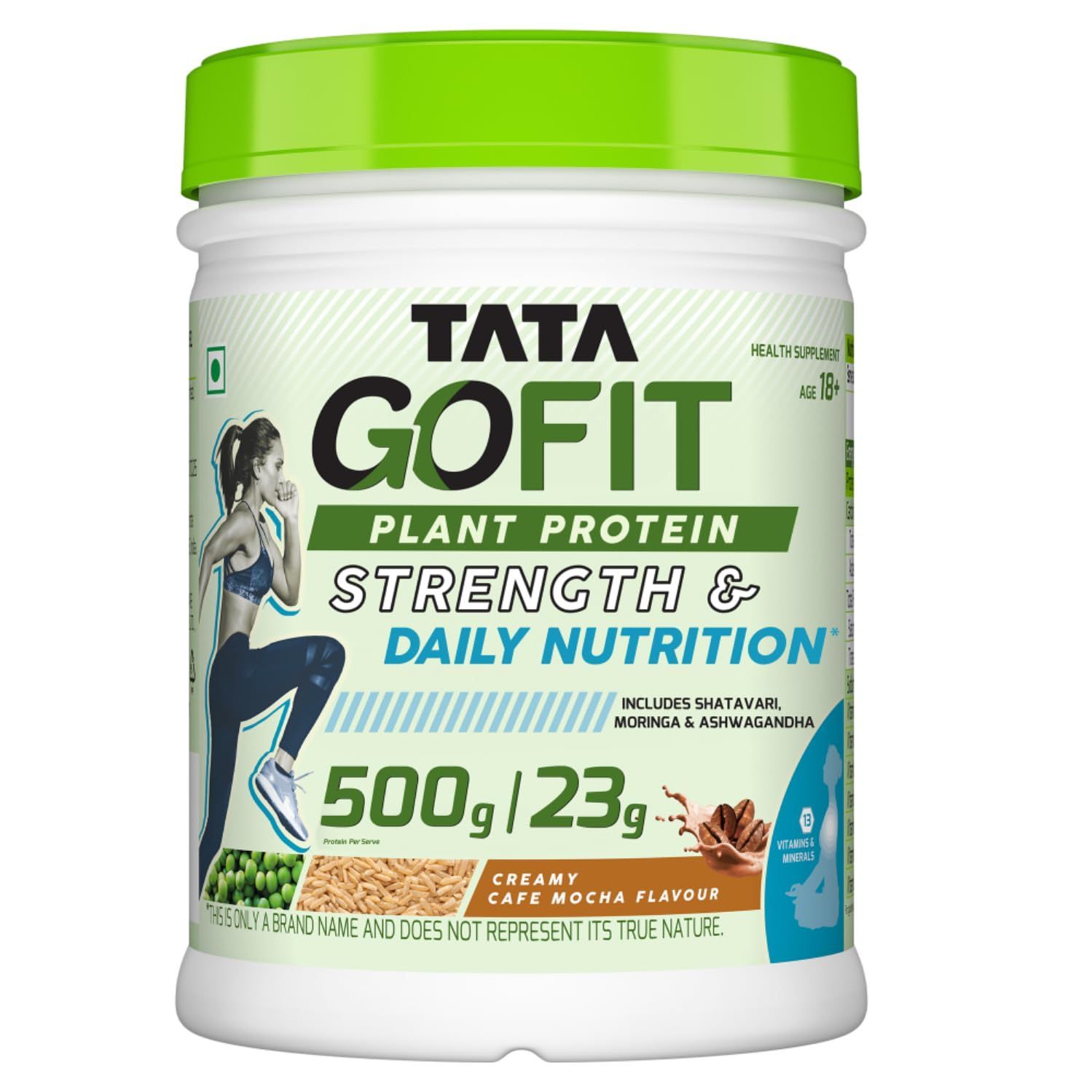 Tata GOFIT Plant Protein Strength, Pea & Brown Rice Blend, 13 Vitamins & Minerals, Shatavari, Moringa & Ashwagandha Blend, Creamy Cafe Mocha Flavour, 500G (15 Serves), No Soy, No Lactose