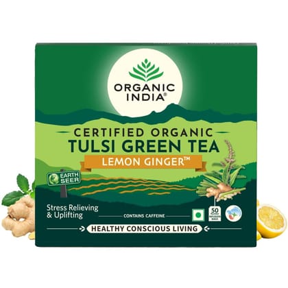 ORGANIC INDIA Tulsi Green Tea Lemon Ginger 50 Teabags, 50 gram