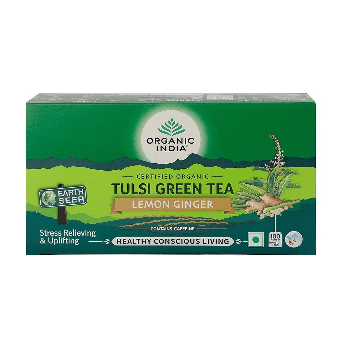 Organic India Tulsi Green Tea Lemon Ginger 100 Teabags