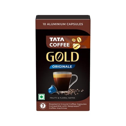 Tata Coffee Gold Coffee Capsules, Intensity- 7 | Tasting notes: Fruity & Floral | 100% Arabica Coffee | Nespresso Compatible Coffee Pods, 10 Aluminium Capsules, 55 g