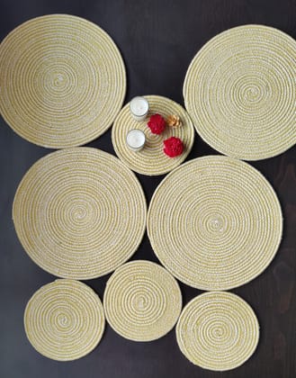 BulkySanta Cotton Place mats 38 cm (15") and 22 cm (9") Round Table Mats, Heat Resistant, Reversible Use, Washable (Pack of 8) (Yellow)