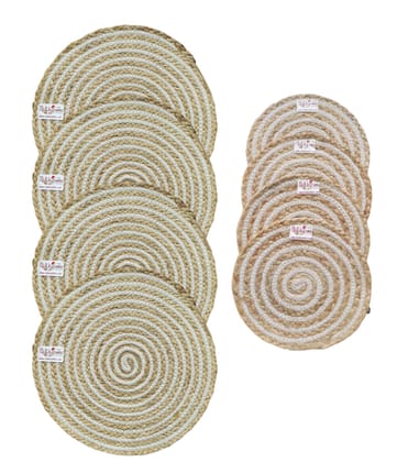 BulkySanta Cotton Place mats 38 cm (15") and 22 cm (9") Round Table Mats, Heat Resistant, Reversible Use, Washable (Pack of 8) (Cotton-Jute)