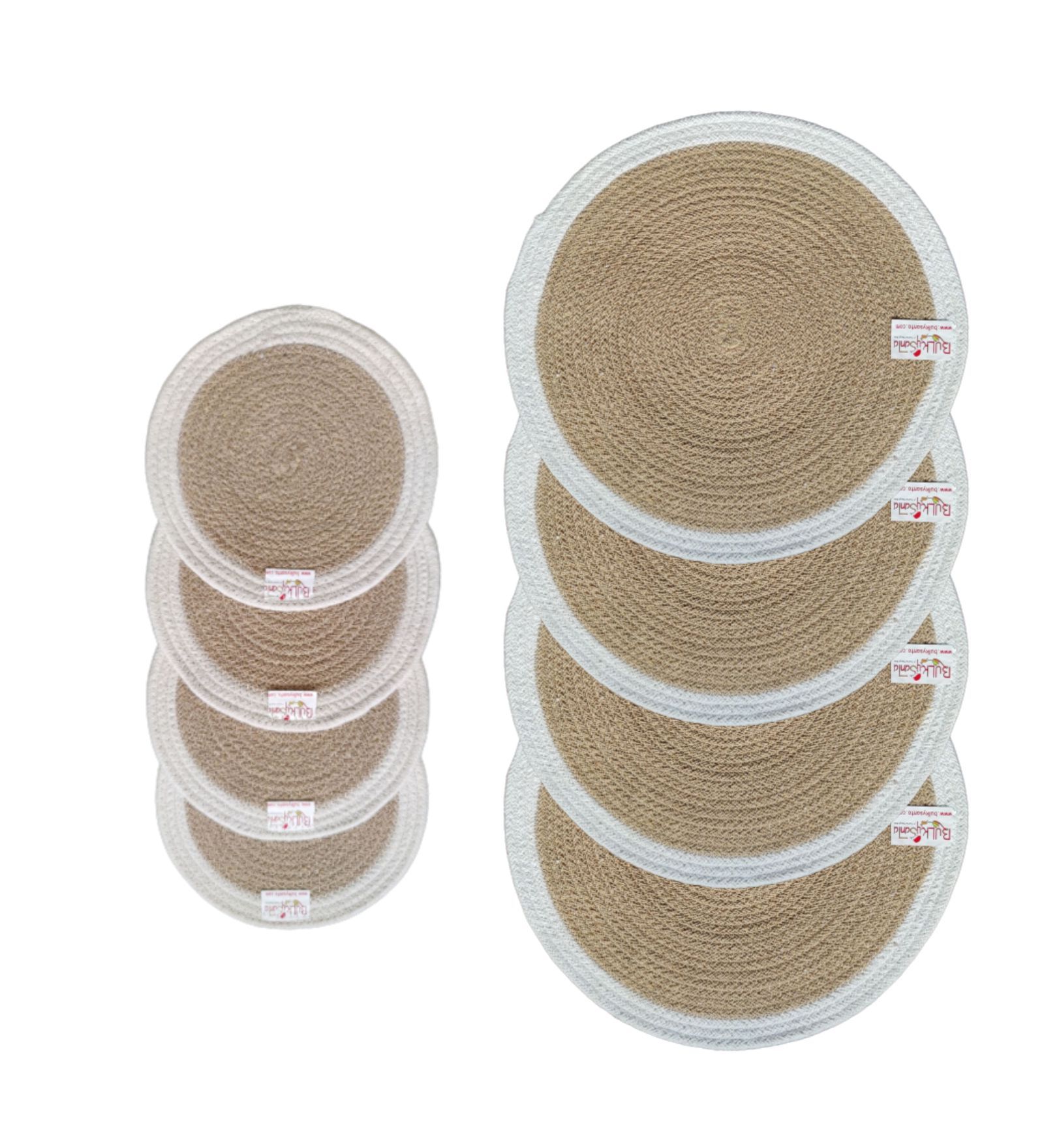 BulkySanta Cotton Place mats 38 cm (15") and 22 cm (9") Round Table Mats, Heat Resistant, Reversible Use, Washable (Pack of 8) (White-Beige)