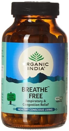 ORGANIC INDIA Breathe Free Ayurvedic Capsule || Respiratory Disorder & Congestion || Ptect Lungs from Smoking & Pollution || Relieves Allergic Asthma & Coughing - 180 N Veg Capsules