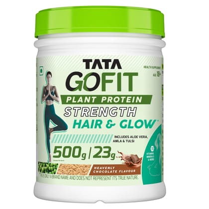 Tata GOFIT Plant Protein Strength Hair & Glow, Pea & Brown Rice Blend, 13 Vitamins, Minerals & Herbs, Aloe Vera, Amla & Tulsi, Heavenly Chocolate Flavour, 500G (15 Serves), No Soy, No Lactose