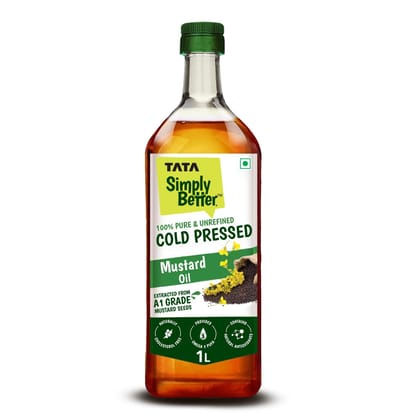 Tata Simply Better Pure & Unrefined Cold Pressed Mustard Oil,Naturally Cholesterol Free, 1L, Rich Aroma & Flavour of Real Mustard Seeds, A1 Grade Mustard Seeds