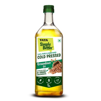 Tata Simply Better Pure & Unrefined Cold Pressed Groundnut (Peanut) Oil,Kolhu/Kacchi Ghani/Mara Chekku/Ganuga,Naturally Cholesterol Free,1L,Groundnut Oil Rich Aroma & Flavour Of Real Groundnuts