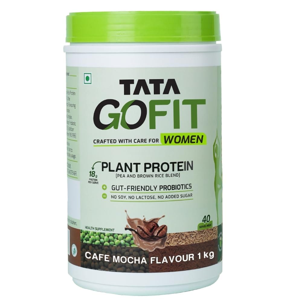 Tata GoFit Plant Protein Powder, Pea & Brown Rice Blend, 18g Protein, Cafe Mocha Flavour, 1kg (40 Serves), No Soy, No Lactose, No Added Sugar, Vegan