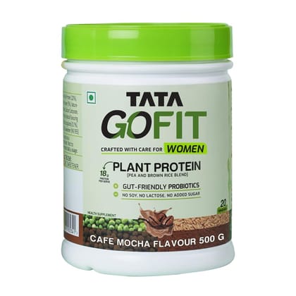 Tata GoFit Plant Protein Powder, Pea & Brown Rice Blend, 18g Protein, Caf Mocha Flavour, 500g (20 Serves), No Soy, No Lactose, No Added Sugar, Vegan