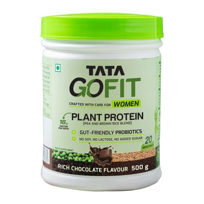 Tata GoFit Plant Protein Powder, Pea & Brown Rice Blend, 18g Protein, Rich Chocolate Flavour, 500g (20 Serves), No Soy, No Lactose, No Added Sugar, Vegan