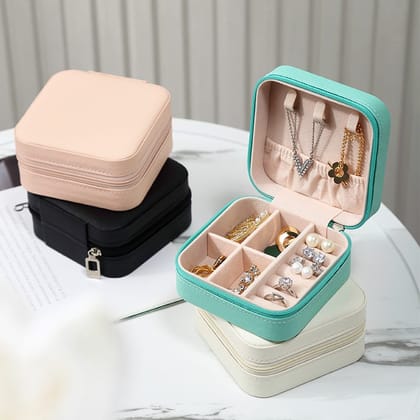 Jewellery Organiser PU Leather Zipper Portable Storage Box Case with Dividers Container for Rings, Earrings, Necklace Home Organizer - Random Color