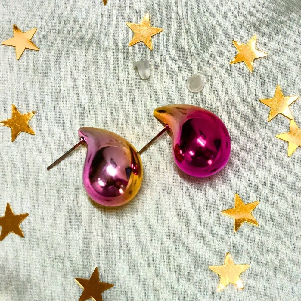 Dual Metallic Colored Chunky Tear Drop Fashion Jewelry Earrings For Women & Girls - Dark Pink Gold