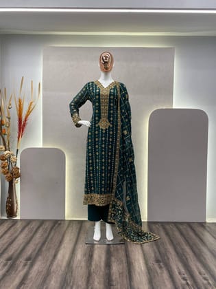 Eid Special Faux Georgette Embroidered Suit with Stitched Pant and Dupatta- Green